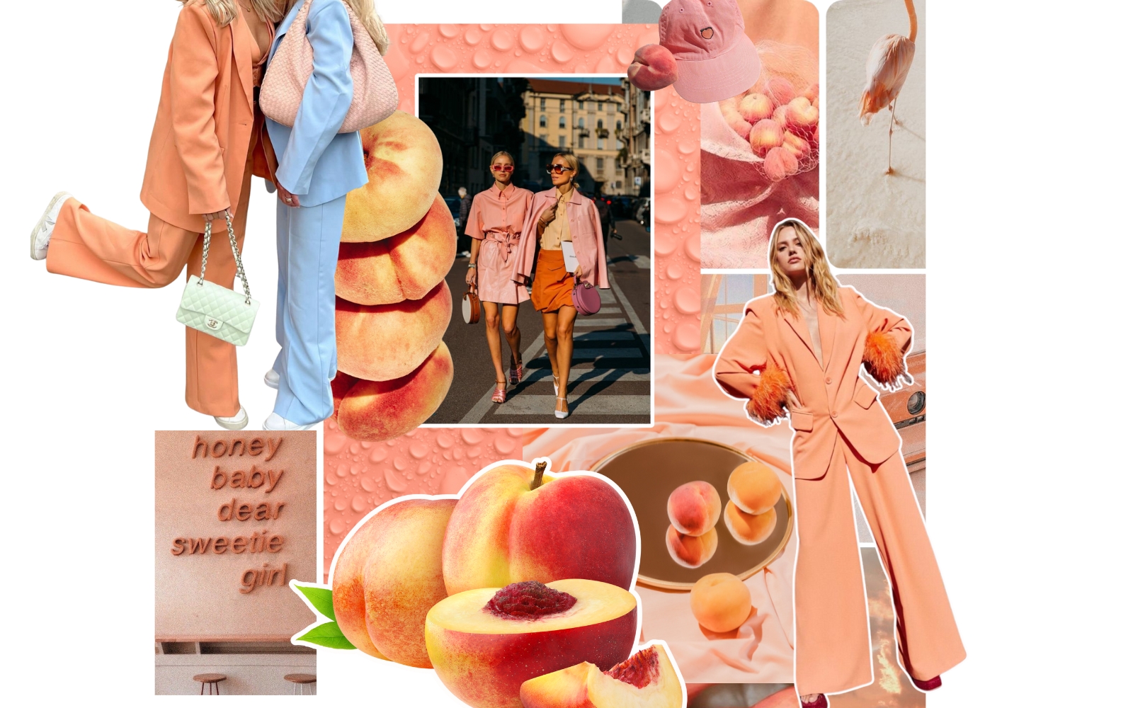 Kolaž, ulični stil, breskve, kapa, interier, trendi, moodboard