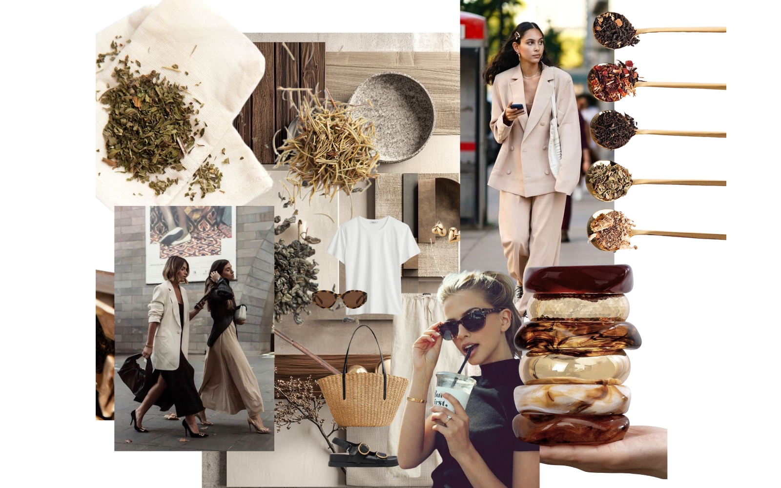 Čaj, kolaž, zapestnice, uličnis stil, oblačila, sončna očala, navdih, moodboard