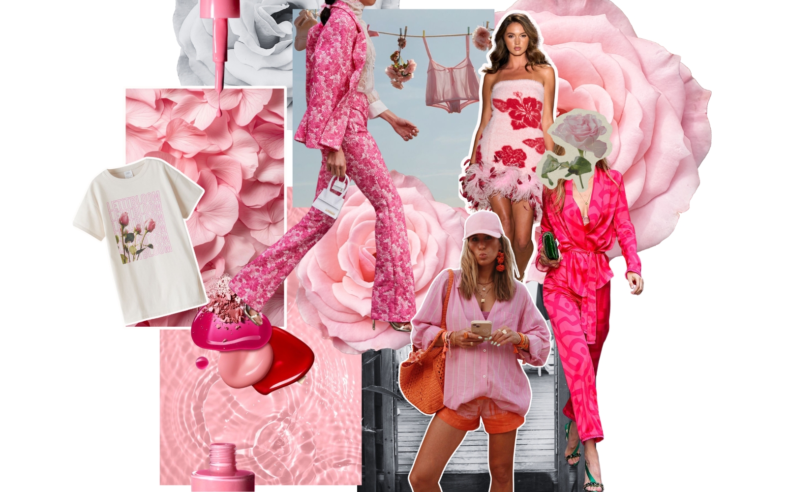 Vrtnice, kožal, ulični stil, modra, roza rabrva, majica, lak za nohte, spodnje perilo, moodboard, pista, oblikovalci