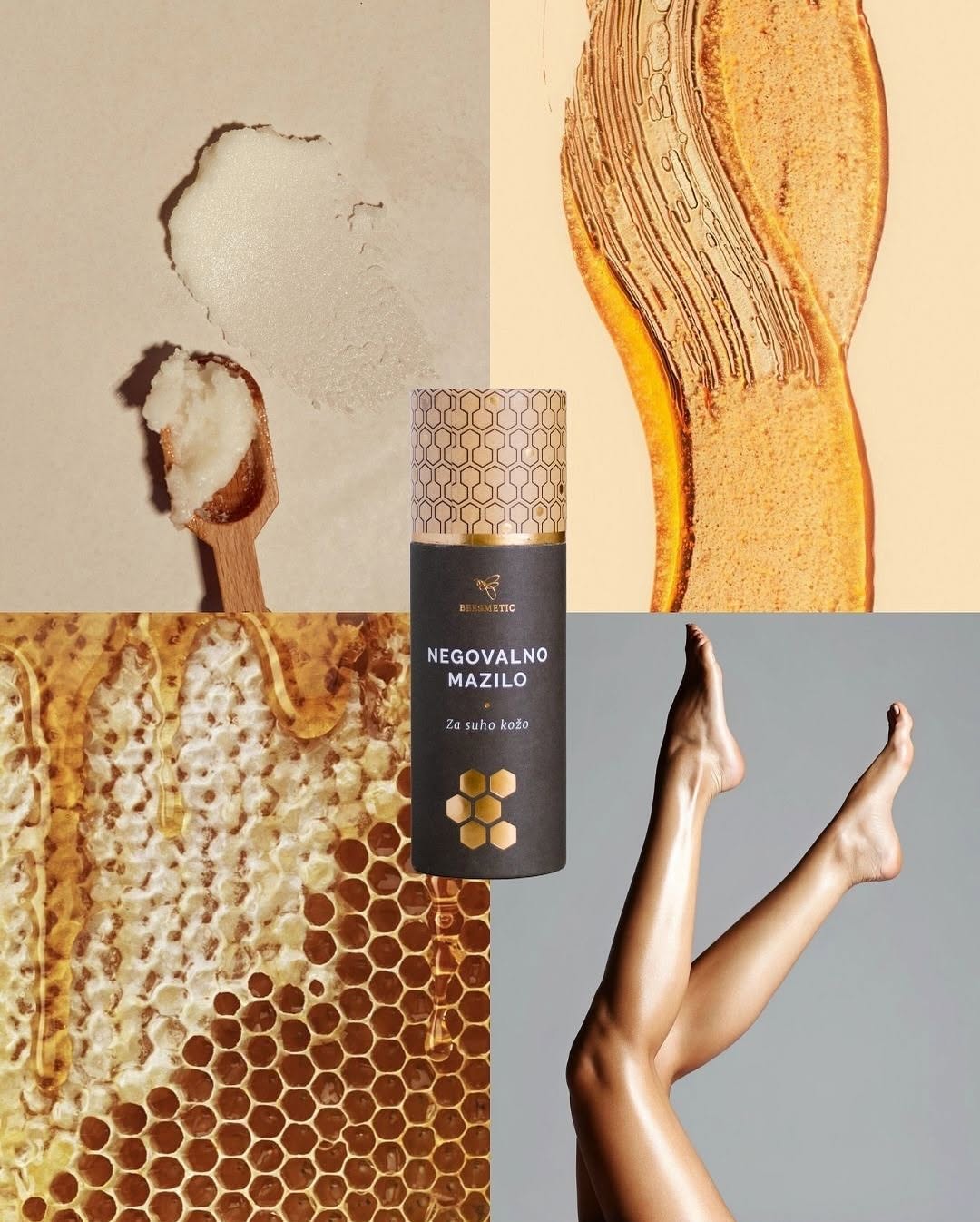 kolaž 4 fotografij na katerih so ženske noge, tekstura kreme, tekstura lepotnega izdelka in med